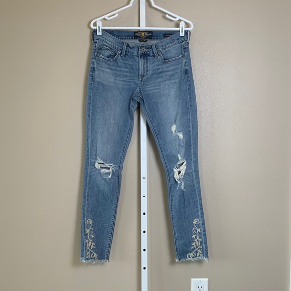 Lucky Brand Charlie Skinny Distressed Embroidered Jeans - Picture 1 of 13